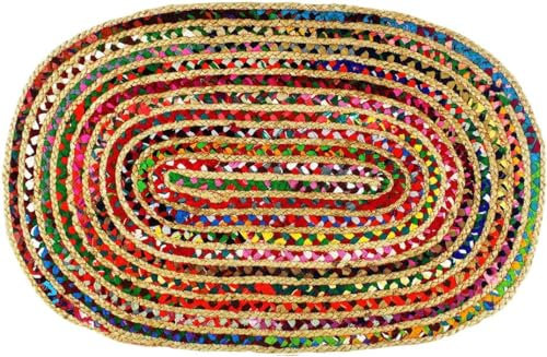 Craft Trade Vistoso Lavable Bohemia Chindi Yute Alfombra Reversible Trenzado Tejido a Mano Alfombra de Trapo Oval para Cocina Sala de Estar y Dormitorio - 60x90 cm
