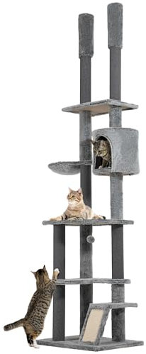 PawHut Floor to Ceiling Cat Tree, 225-255cm Height Adjustable Large Cat Tower 6 Levels Activity Centre for Indoor Cats with Cat Scratching Posts Ramp, Condo Hammock, Play Balls - Grey