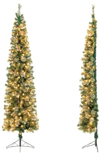 COSTWAY 210cm Künstlicher Halber Weihnachtsbaum Beleuchtet, Tannenbaum mit 150 LED-Lichtern & 403 Zweigen, Eck-Christbaum mit Metallständer, Kunstbaum Weihnachten für Büro, Zuhause, Party