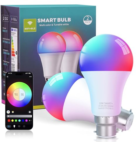 FRIDEKO HOME Smart Light Bulb - WiFi Bayonet Light Bulbs, LED Color Changing Light Bulb Work with Alexa and Google Assistant, 10W B22 RGBCCT Dimmable Lightbulbs, 800LM,2 Packs