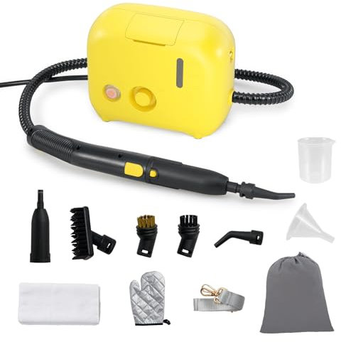 COSTWAY 1500W Limpiador a Vapor Portátil, Vaporizador Doméstico con Tanque de Agua de 1 L, Máquina de Limpieza a Vapor a Presión Multifuncional para Coche, Tapicería y Cocina (Amarillo)