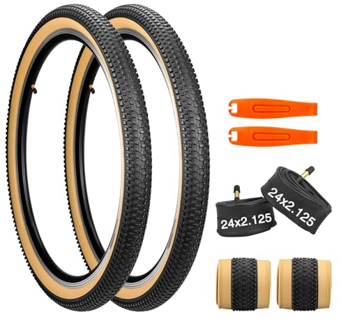 GRELiving Kit da 2 Pneumatici MTB Pieghevoli 24/26/27.5x2.125 + 2 Camere d'Aria AV48mm per Mountain Bike e Bici da Corsa 30TPI (24x2.125 Set)