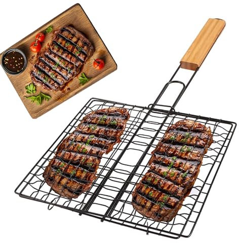 J&A MARTS BBQ Fish Grill Basket - Large Stainless Steel Barbecue Rack with Folding Handle - Non-Stick Grill Basket for Fish, Vegetables, Meat, Shrimp - Outdoor Cooking & BBQ Accessory