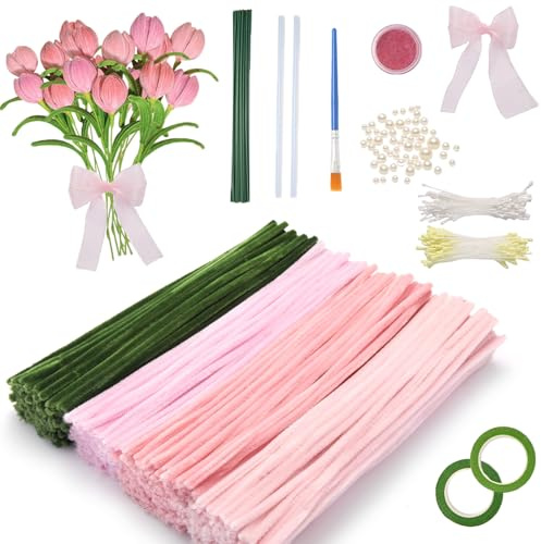 FRKOKRFA Lot de 400 cepillos limpiapipas en forma de flores - Para manualidades, bricolaje, decoración floral, rosa