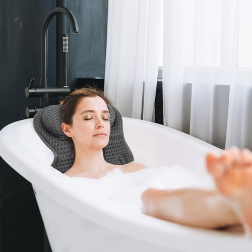 Bath Pillow Ergonomic Bathtub Pillows for Head Neck and Back Soft 4D Air Mesh with 6 Powerful Suction Cups Non-Slip Headrest Cushion for Women Spa Relaxing Fits All Bathtub(grey)