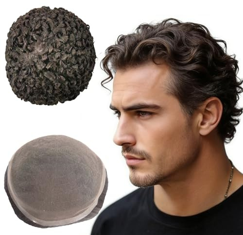 NLW Echthaar Toupet Männer Vollspitzen 10mm Locken Haarsystem Mann 100% Echthaar-System für Herrenperücken,Basis Größe 8 x 10 Zoll, 120% Dichte #2 Tiefbraun