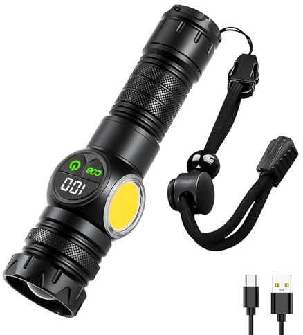 Siuyiu Torch, 3500 High Lumens 4 COB Lights 5 Main Lights 3 Colors Magnetic | Torch Rechargeable, Digital Display Waterproof Adjustable Focus Torches Led Super Bright, for Pet Walking Camping Emergency