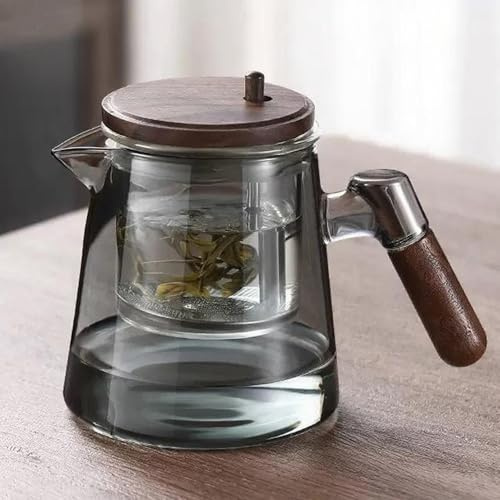 JanYoo One-Touch Teekanne Glas mit Siebeinsat, 750ml Losen Tee Zubereitung Teezubereiter, Magic Tea Maker mit Edelstahl Sieb und Nussbaumholz Griff(Blaugrau)