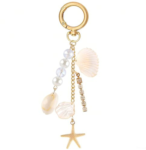 Gold Seestern Muscheln Strand Schlüsselanhänger Damen Muschel Sea Shell Sommer Taschenanhänger Marine Ozean Strasssteine Perlen Seashell Bag Charms Ozeanisch Taschen Anhänger Keychain Aesthetic