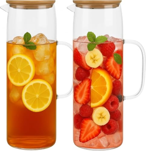 2 Pack Glass Pitcher with Lid, 1.5L Water Jug with Handle Hot and Cold Beverage Clear Water Jar Borosilicate Glass Jug for Fridge Iced Tea Juice Milk Coffee Lemonade