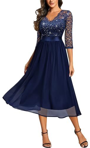 MIUSOL Women's Retro V-Neck 3/4 Sleeves Sequin Lace Formal Business Cocktail Party Dress (Small, Navy Blue)