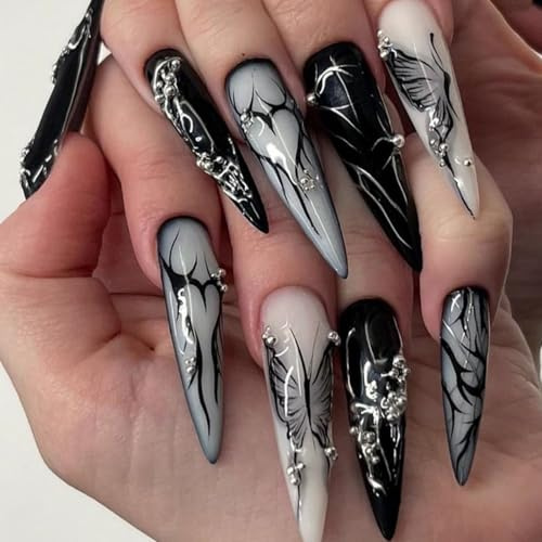 Black False Nails, 24-Piece Long Stiletto Nail Set With Silver Details | Monochrome Graphic Patterns, Grey And Translucent Milky White Designs, Application Tools, Home Manicures, Themed Occasions
