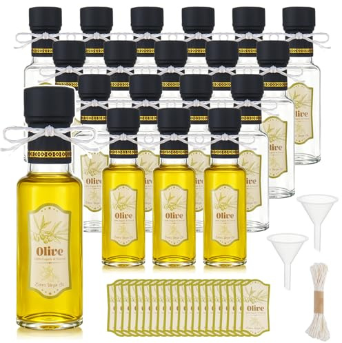 Wenceda 20 Pcs 4 oz Mini Glass Olive Oil Bottles, Empty Sauce Glass Bottles with Leak Proof Screw Cap, Mini Olive Oil Bottles with Seals Caps Stickers Dropper Inserts for Gifts Kitchen (Clear)
