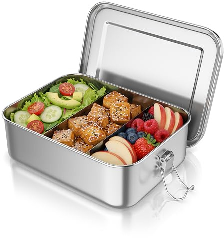 Arendo - Lunchbox Edelstahl – Brotdose 1200 ml – mit Fächern – zwei entnehmbare Trennwände - auslaufsicher dank Silikondichtung - Metall lebensmittelecht - Kinder und Erwachsene
