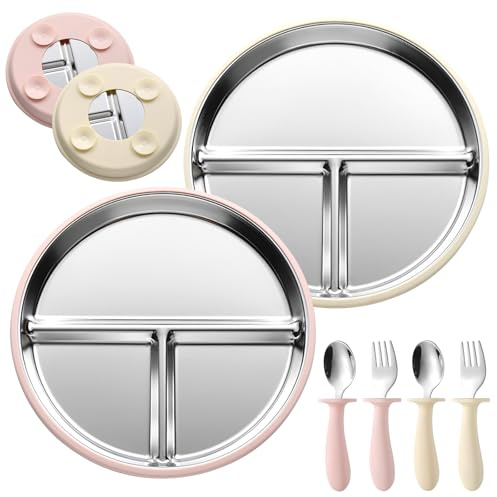 Yoodriy Set de 2 Assiettes Bébé en Acier Inoxydable 304 avec Ventouse, Assiettes Compartimentées, Ustensiles Anti-Dérapantes, Sans BPA, 2 Cuillères, 2 Fourchettes, pour Alimentation Autonome Bébé