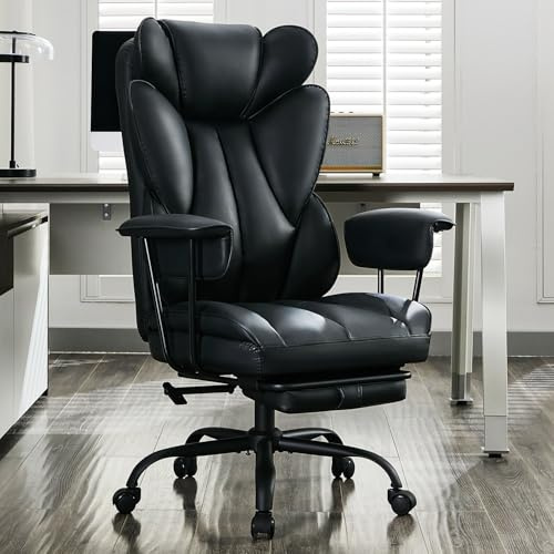 LukkDys Executive Ergonomic Office Chair with Footrest, PU Leather High Back Desk Chair with Headrest & Lumbar Support, 90-135° Reclining Comfy Wide Seat Computer Chair for Big & Tall, Black