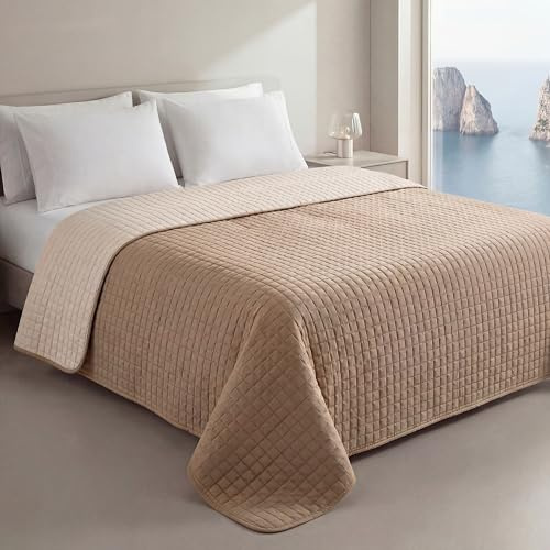 Clara Home Milano Copriletto Trapuntato Capri in Microfibra Manopesca, Double Face, Trapuntino Primavera Estate, Qualità Premium, Made in Italy, Coperta Letto Matrimoniale, Colore Nocciola