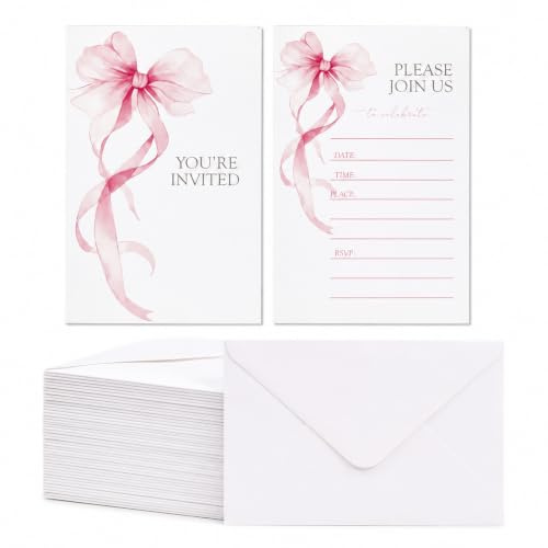 40 PCS Party Invites, Elegant Bow Birthday Invitations for Girls and Women | Coquette Sweet Birthday Party Invitations with 40 Envelopes for Birthday Parties, Themed Celebrations and Events