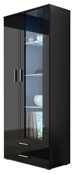 Standvitrine 2D2S Soho S6, Vitrine, Glasvitrine, Farbauswahl, Vitrinenschrank, Hochschrank, Stauraumvitrine, Wohnzimmer Highboard Schrank (Schwarz / Schwarz Hochglanz, mit blauer LED Beleuchtung)