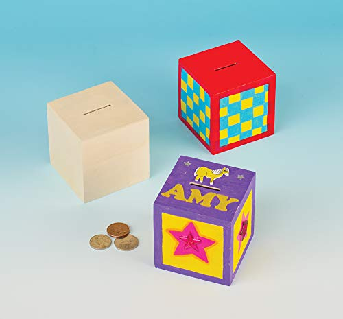 Baker Ross ET126 Ross Bastelset - Spardose aus Holz - Würfel zum Basteln und Bemalen für Kinder - als Preis und Mitgebsel für den Kindergeburtstag - 2 Stück, 8.5cm, Holzfarben