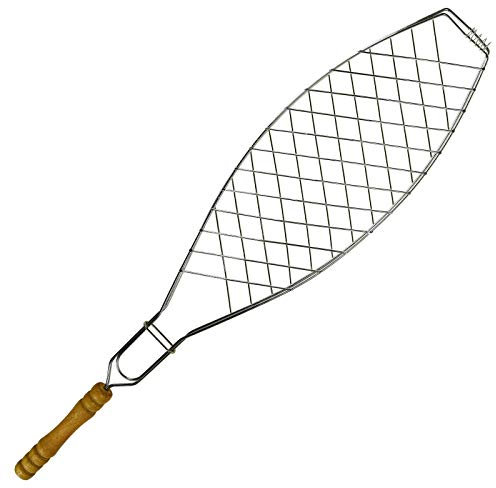 ASAB BBQ Fish Grill Basket Rack Chicken Burger Handheld Large Folding Wire Mesh Net Chrome Plated Stainless Steel With Wooden Handle