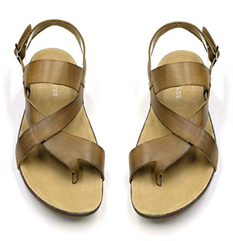 Harssidanzar Herren Leder Sandalen Riemchensandalen Gladiator Sommer Schuhe Ledersandalen Slingback Zehentrenner, Khaki,43 EU