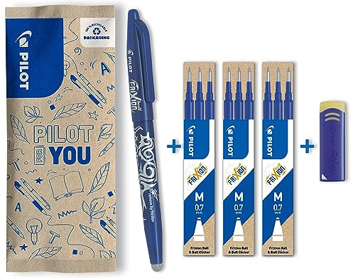 PILOT FriXion Ball 0.7 Set – 1 Stift, 9 Minen, 1 Radierer – Blau – Radierbare Tintenroller 0,4mm Strichstärke, angenehme Schreibführung beim Schreiben, thermosensitive Tinte, mit austauschbarer Mine