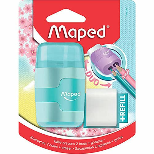 Maped,49230,- AA8Radierer/Anspitzer 2in1CONNECT PASTELL -2 Lochgrößen für dicke unddünne Stifte - inkl. 1x Ersatzradierer - rose, hellblau, flieder
