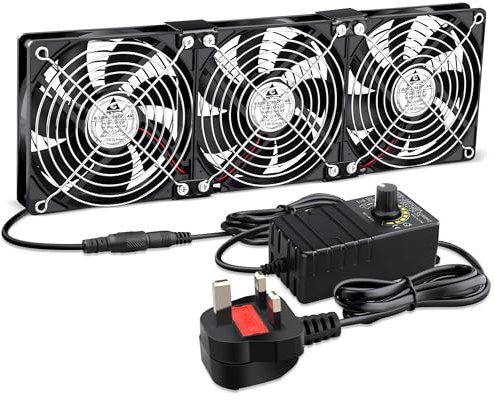 GDSTIME 3 x 120mm Computer Rack Fan 360mm Cabinet Inverter Cooling Fan with AC 220V 230V 240V UK Plug DC 4V 5V 12V Adjustable Speed Control Dual Ball Bearing PC Fans for Chassis Server Workstation