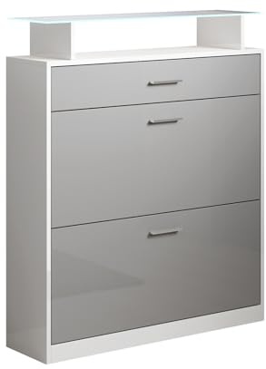 MB Muebles Bonitos | Recibidor Zapatero Paola con Luz LED para Recibidor | Diseño Moderno | Melamina Brillo | Color Blanco y Gris | 89x105x24 cm