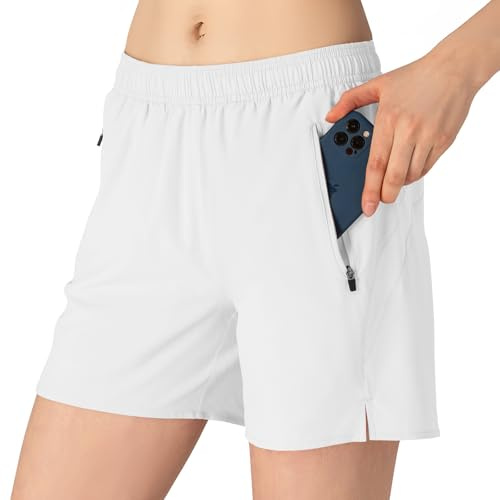 donhobo Dam sportshorts snabbtorkande korta byxor fitness andas lätt yoga träning löparshorts med dragkedja, Vit, XL