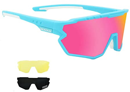 GIEADUN Polarized Sports Sunglasses Cycling Glasses Baseball Sunglasses with 3 lenses,Fishing,Ski Running Golf (blue pink, Large)