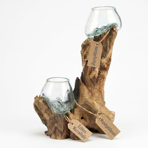 Wogeka Glasvase Doppel (Ø Glas 12 cm) – Deko Vase aus Handarbeit auf Wurzelholz Gamal mit abnehmbarem Glas, Wohnzimmer Deko, geeignet als Blumenvase oder Kerzenglas Do12