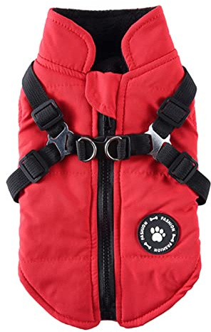 Warme Hundemäntel, Jacken, Hundegeschirr und Mantel, Reißverschluss, 2-in-1-Winterjacke, kein Ziehen, Hundeweste, Geschirr, Outfit, Mäntel für Welpen, kleine, mittelgroße Hunde, Rot (S)