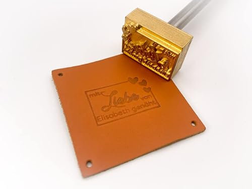 extern beheizter Brandstempel mit deinem Schriftzug im Motiv mit Liebe genäht für Leder, Holz, Pappe - personalisiertes Brandeisen, individueller Brennstempel in 50 x 34 mm