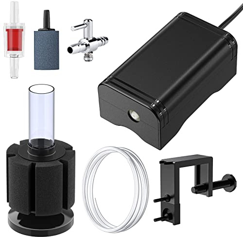 Pawfly Mini Aquarium Air Pump 15 GPH Quiet Oxygen Aerator Pump with Bracket Airline Tubing Bio Sponge Filter Air Stone Control Valve and Check Valve for 3-20 Gallon Nano Fish Tanks and Buckets