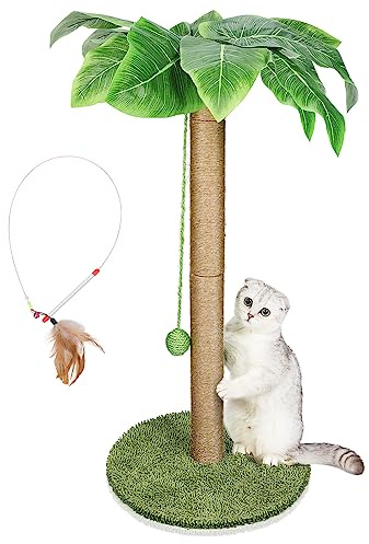 HEVOL Kratzstamm,85cm Natürlichem Sisalseil Kratzbaum mit Simuliertem Blättern und Hängenden Bällen,Kratzsäule für Katzen,Groß Katzenkratzbaum für Kätzchen und Katzen im Haus,Senden KatzenfedernStick