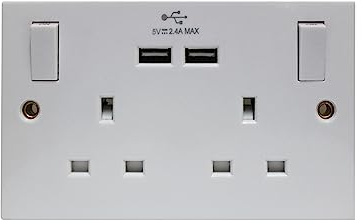 New White Nickel Double Gang UK power socket with Twin USB Charging Sockets 2.4 Amp