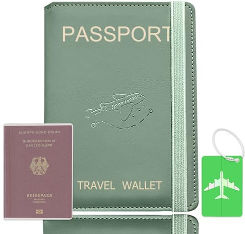 SUCCEFORT Reisepasshülle, Kunstleder Passhülle für Reisepass Kreditkarten Ausweis Reisedokumente mit RFID-Blocker, mit Transparenten Passhüllen Und Kofferanhänger, 15x11cm-Grün
