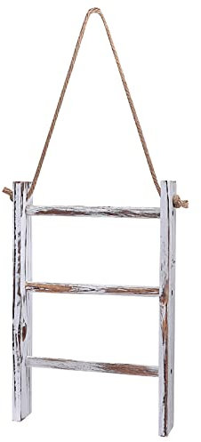 VASDEV Mini Porte-Serviettes Mural échelle à 3 Niveaux en Bois Porte-Serviettes Rustique échelle de Couverture échelle décorative minable avec Corde pour décor de Salle de Bain de Ferme c