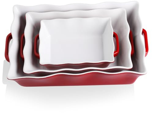 Sweejar Casserole Dishes for Oven, Ceramic Bakeware Set of 3, Rectangular Baking dish with Handles, Wave Edge Lasagna Pan Deep for Cooking, Cake, Dinner, Banquet and Daily Use (Red)