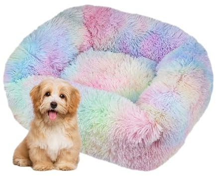 DOTBUY-SHOP Hundebet Rechteck Macaron Farbe Katzenbett, Hundekissen Grosse Hunde Kissen, Plüsch-Hundekorb Hundebett Waschbar, für Welpe, Katzen, Kätzchen, Haustiere (S,Regenbogen)