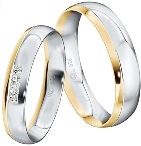 JC Trauringe Silber 925 Paarpreis Eheringe Gelbgold Plattiert I Partnerringe mit Gravur in edler Schatulle 2 Hochzeitsringe Herrenring & Damenring mit Steinen S912