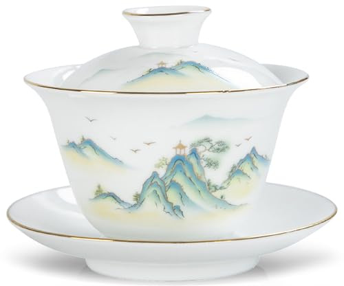 Fashion & Lifestyle Jingdezhen Chinese Traditional Teaware Gaiwan 5oz/150ml Large Gaiwan, Porcelain Kung Fu Tea Cup and Saucer with Lid, Handmade Ceramic Teacups Sancai Tea Bowl Set