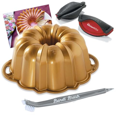 Nordic Ware Original 12 Cup Anniversary Gold Bundt Pan With 3 in 1 Bundt Cleaning Tool + Recipe Card and Pot Handle Holder