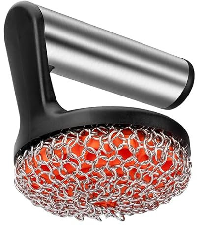 Grattoir en fonte avec nettoyeur de chaîne en acier inoxydable pour poêles et poêles à frire – Ustensiles de cuisine en fonte, fours faciles à utiliser