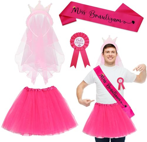 JOKILY JGA Kostüm Set, Männer Junggesellenabschied Kostüm, Party Mitgebsel mit Rosa Schleier Krone Stirnband, Rosa Tüllrock,Junggesellen-Schärpe, Besten Ehemann Abzeichen Accessoires Deko