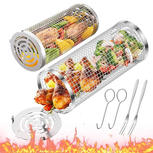 2 Pezzi Cestino per Barbecue,cestello per grigliare rotante,Cilindro BBQ Grill Basket,Cestello per Barbecue in Acciaio Inox,cestino per grigliare all'aperto,Set di cestini per grigliare
