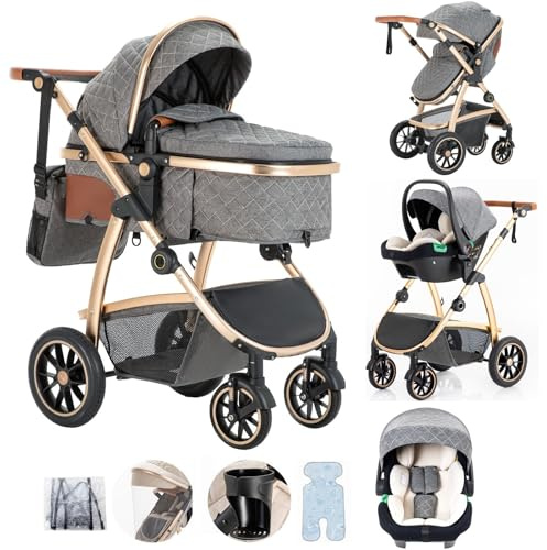 Lnhcrbs Passeggino 3 in 1, Sacca per La Mamma e Portabottiglie,22KG,Grigio | Passeggino Leggero con Maniglia di Spinta Regolabile in Altezza, Carrozzina Reversibile Rivestita con Zanzariera,0-4
