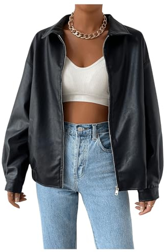 MakeMeChic Women's Faux Leather Shacket Long Sleeve Zip Up Motorcycle Jacket Biker Coat Black M